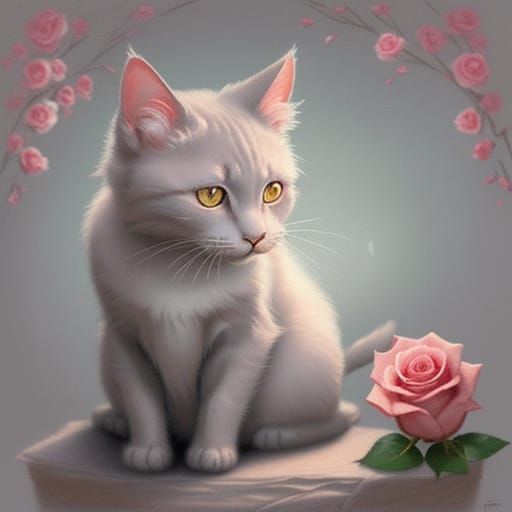 Chalk Drawing of a Cat and Rose