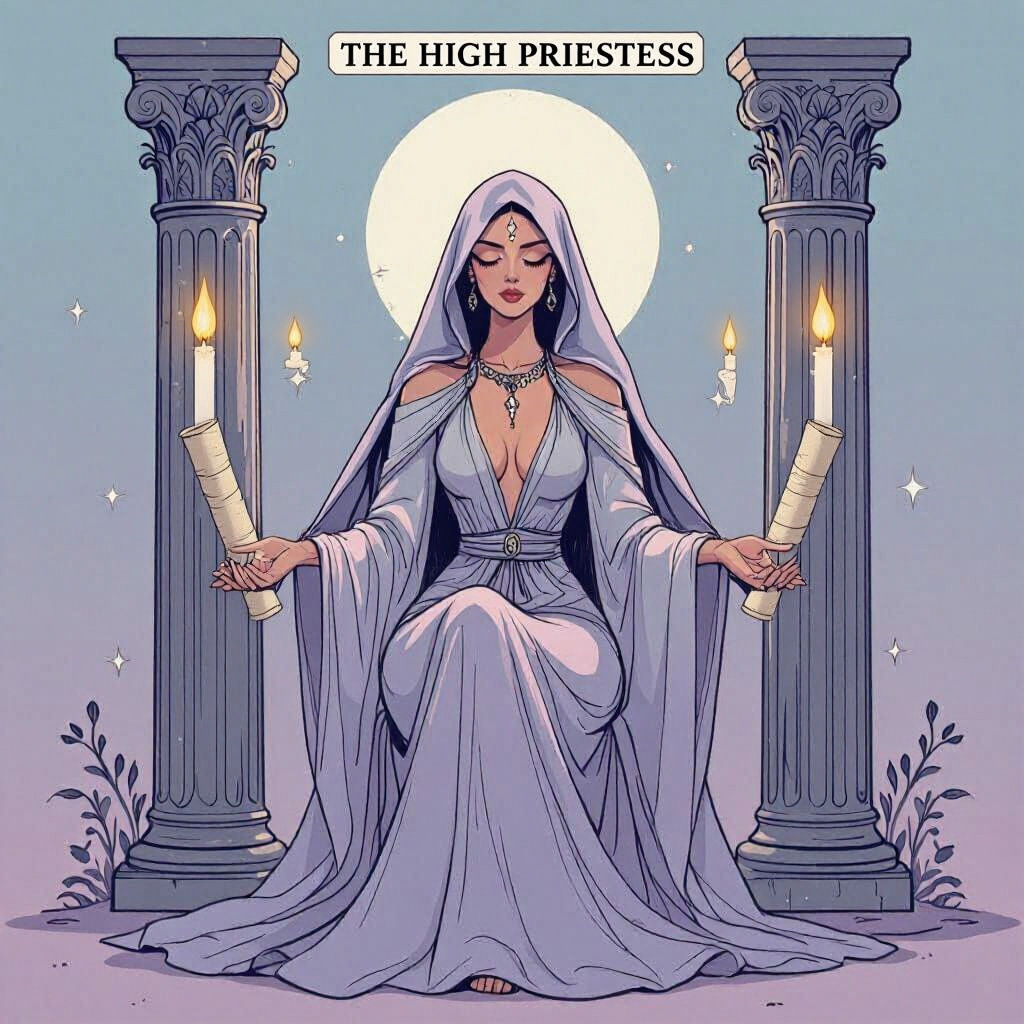 The High Priestess Tarot Card in Modern Cartoon Style