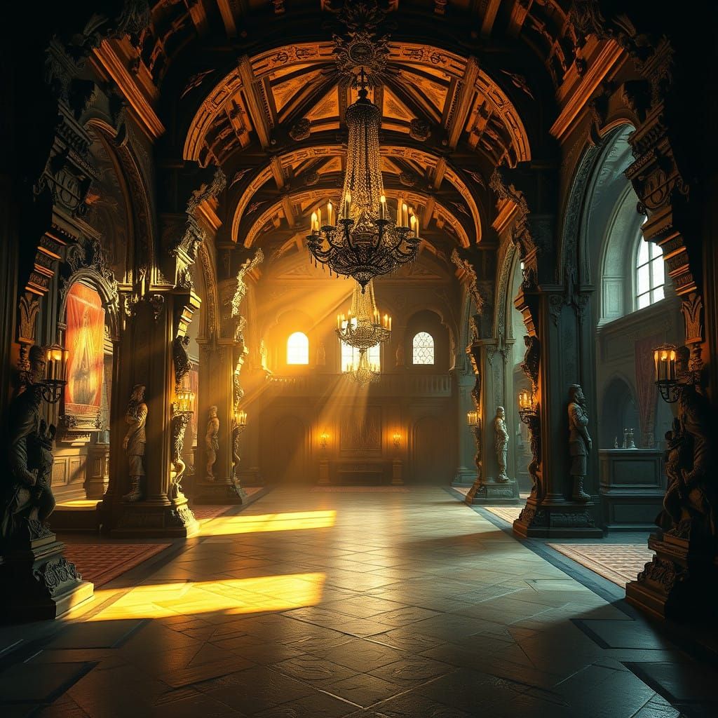 Medieval Hunting Lodge Grandeur in Ominous Warmth