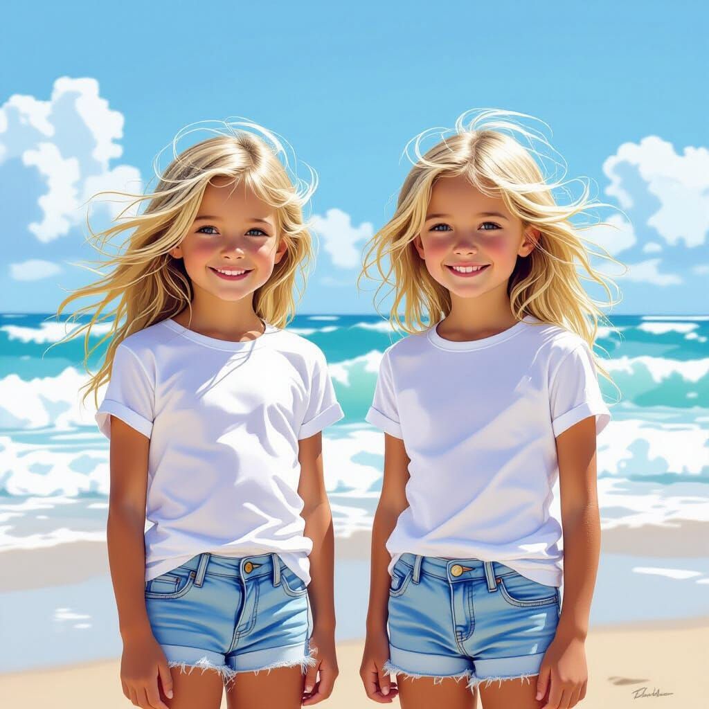 Twin Girls on Beach with Windswept Hair in Dynamic Digital A...