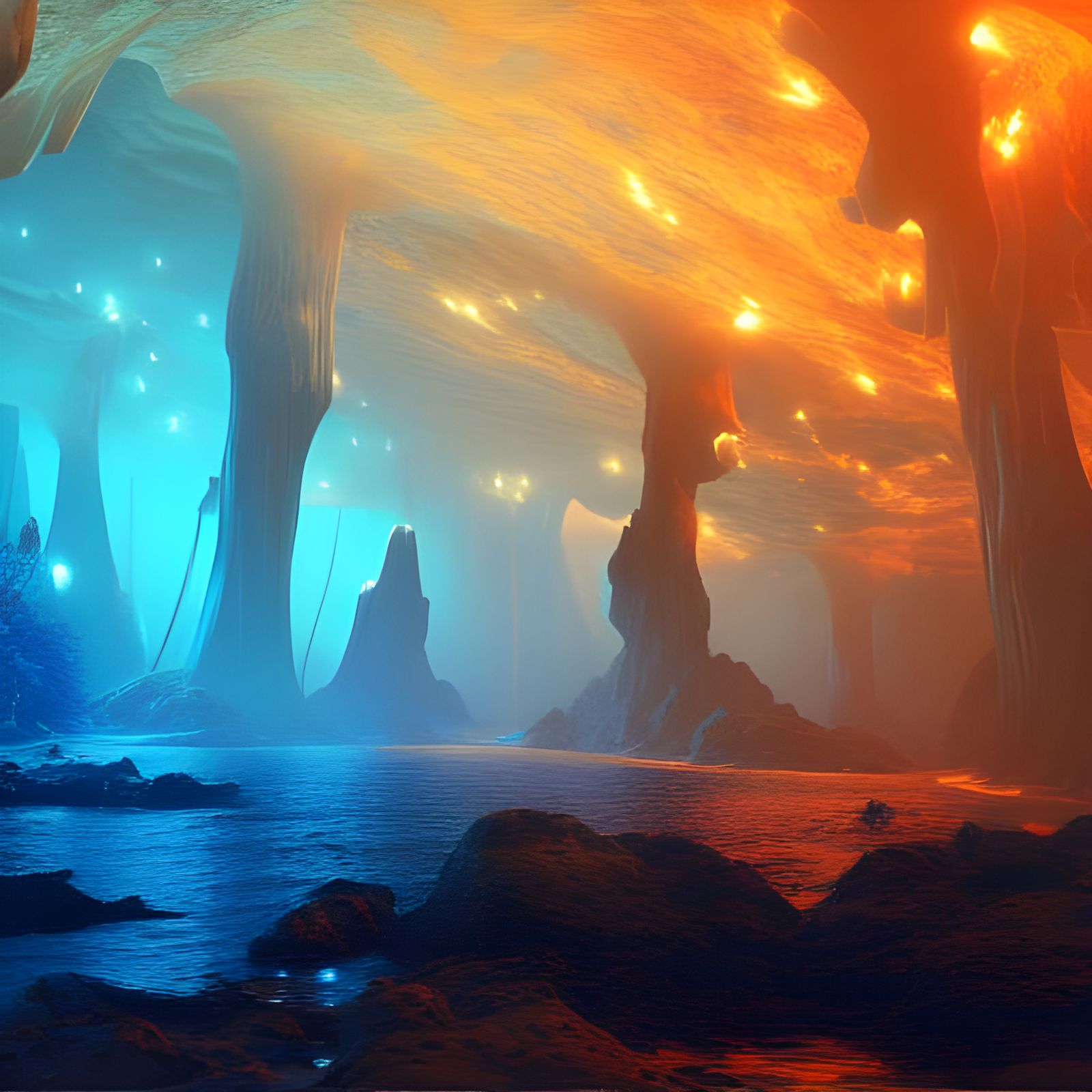 Glowing Sea Cave with Bioluminescent Trees and Blood Moon