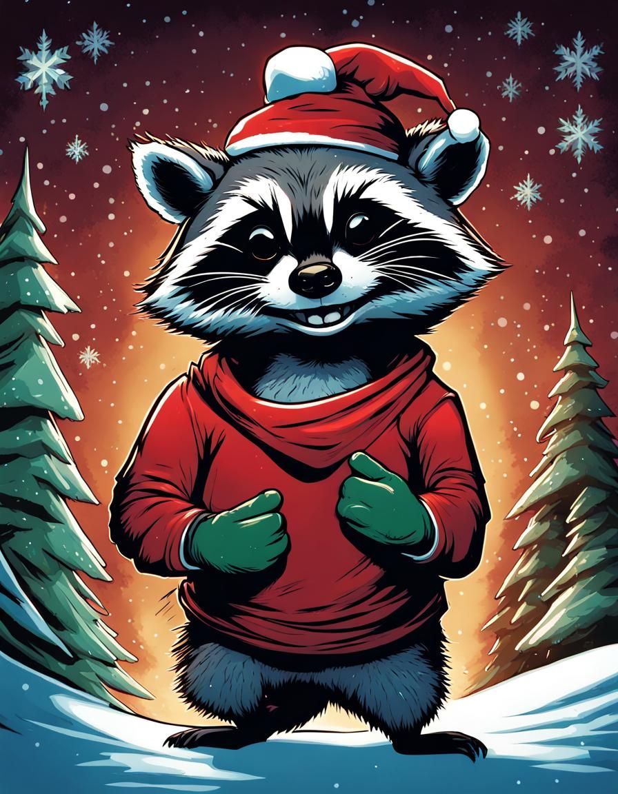 Raccoon Celebrates Christmas in Comic Book Art Style