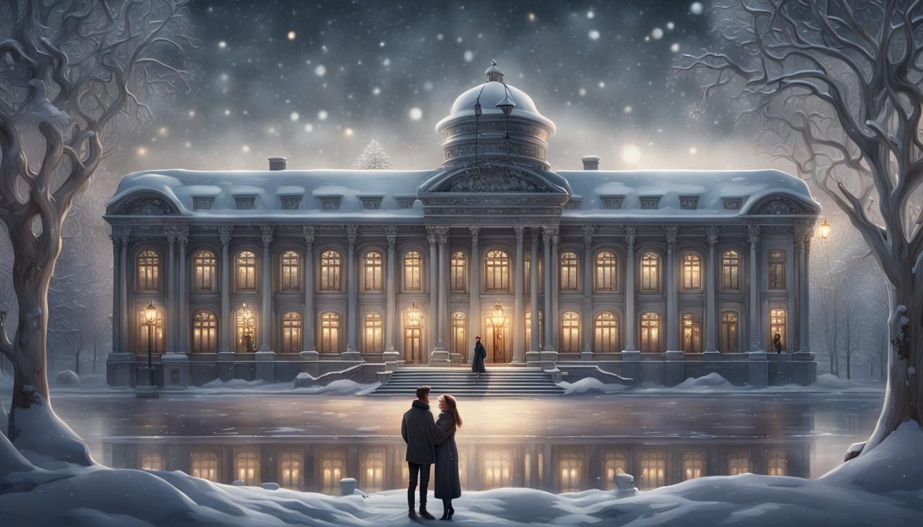 Art Nouveau University at Night in Winter