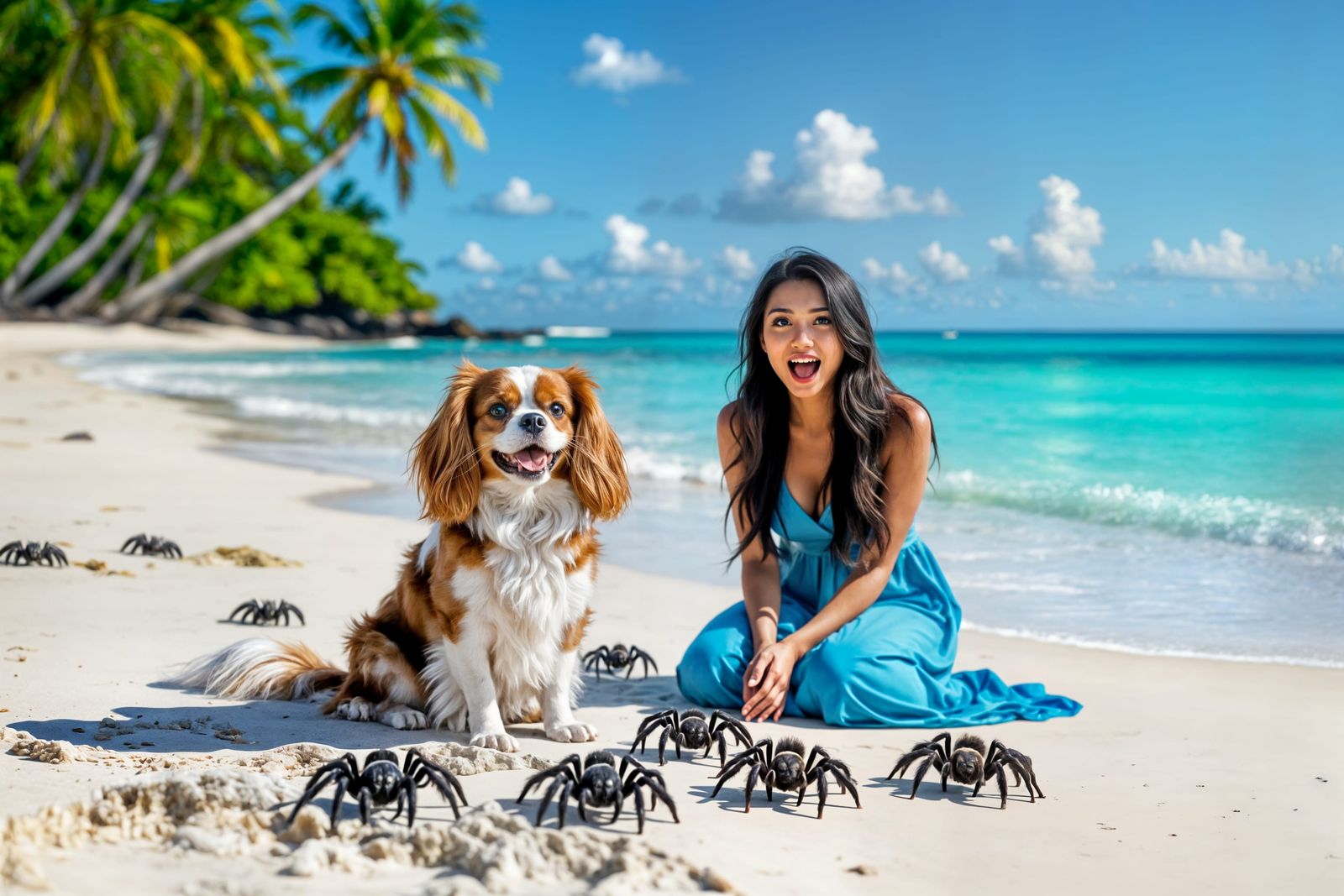 Woman and Dog Alarmed by Spiders on Tropical Beach