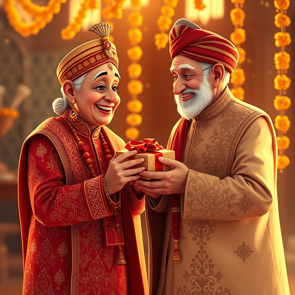 Festive Elderly Couple in Ornate Attire