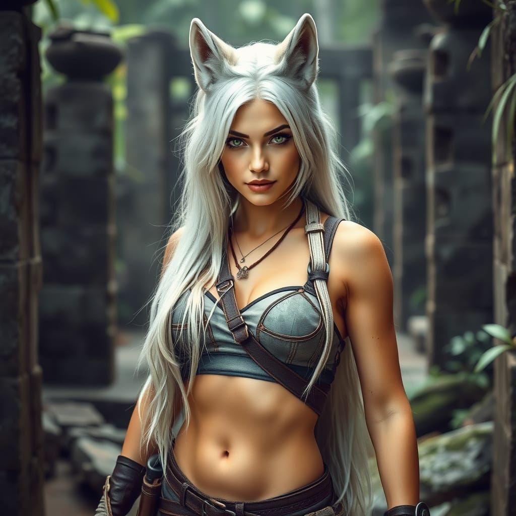 Wolf-Eared Woman Poses in Jungle Ruins