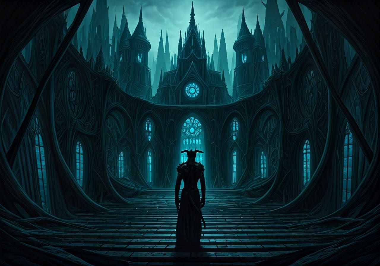 Clockpunk Demon in Haunted Gothic Courtyard