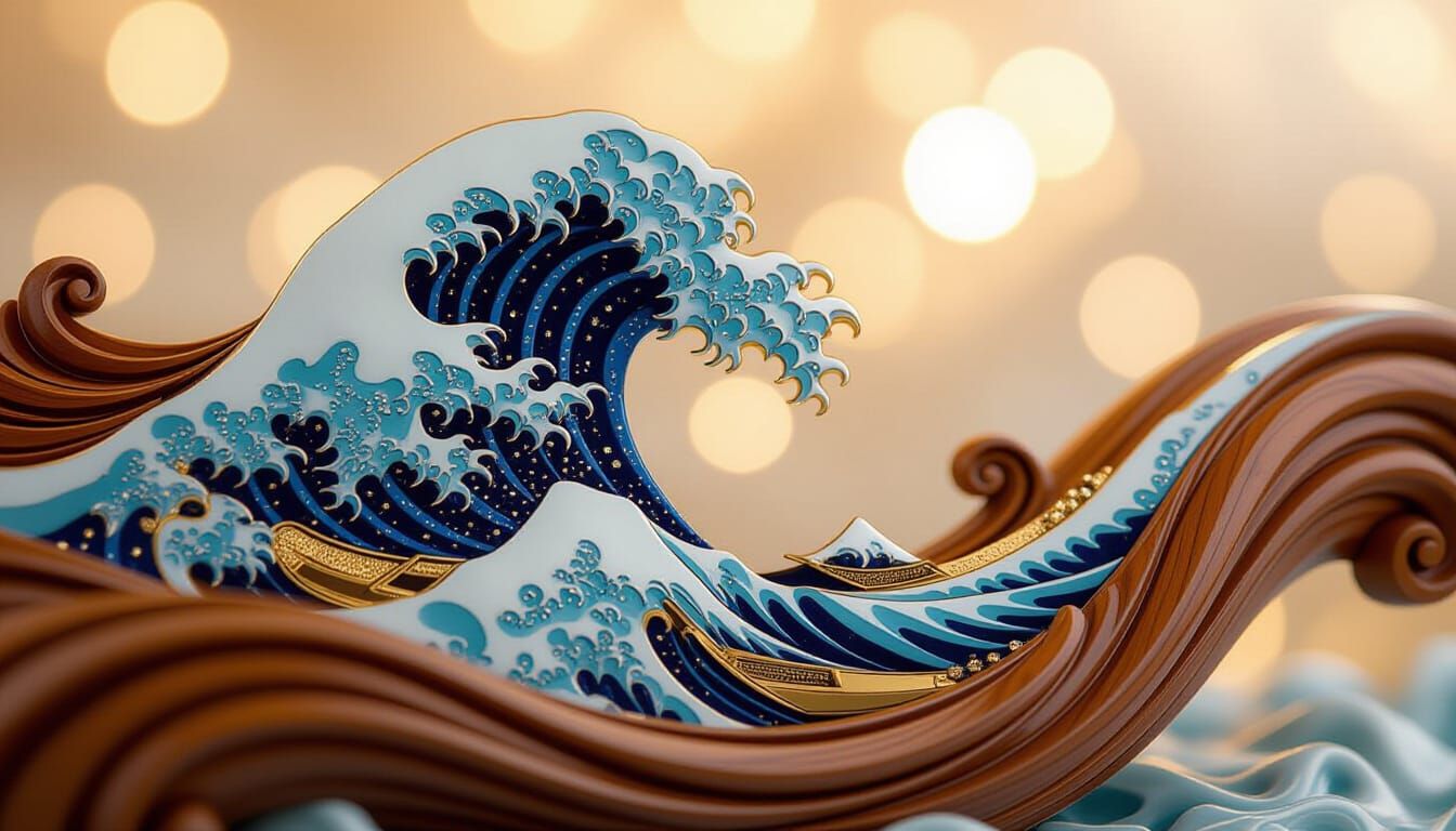 Mahogany Fluid Wave Sculpture with Gold and Jade
