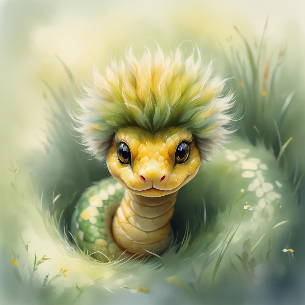 Adorable Furry Snake in Sunny Meadow, Watercolor Style