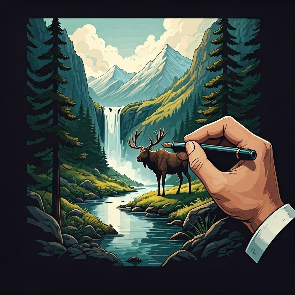 Mountain Landscape Illustration with Moose in Hyperrealism