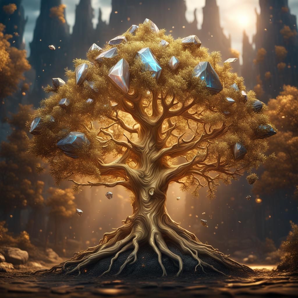 Tree of Diamonds in Golden Hand: Fantasy Art