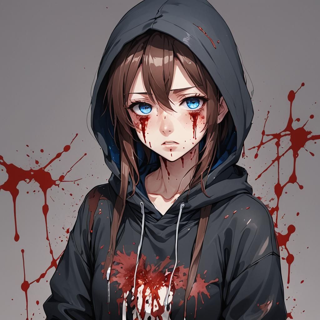 Anime Girl with Lovesick Expression in Black Hoodie