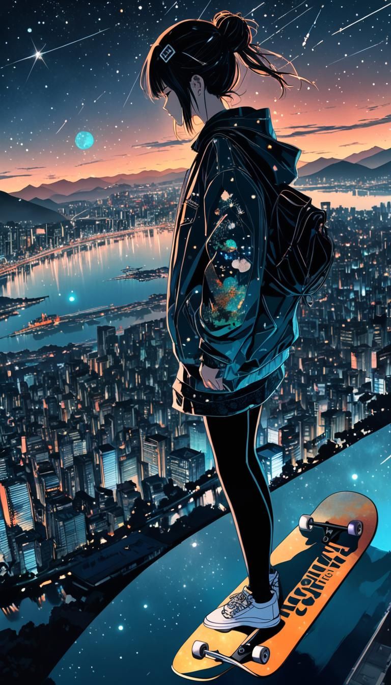 Anime Girl on Skateboard in Lofi Style