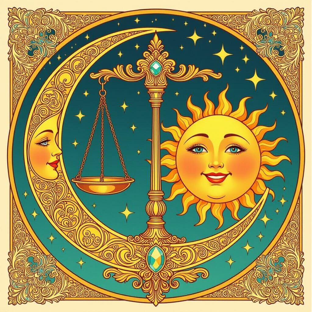 Golden Scales Balance Sun and Moon with Art Nouveau Flair