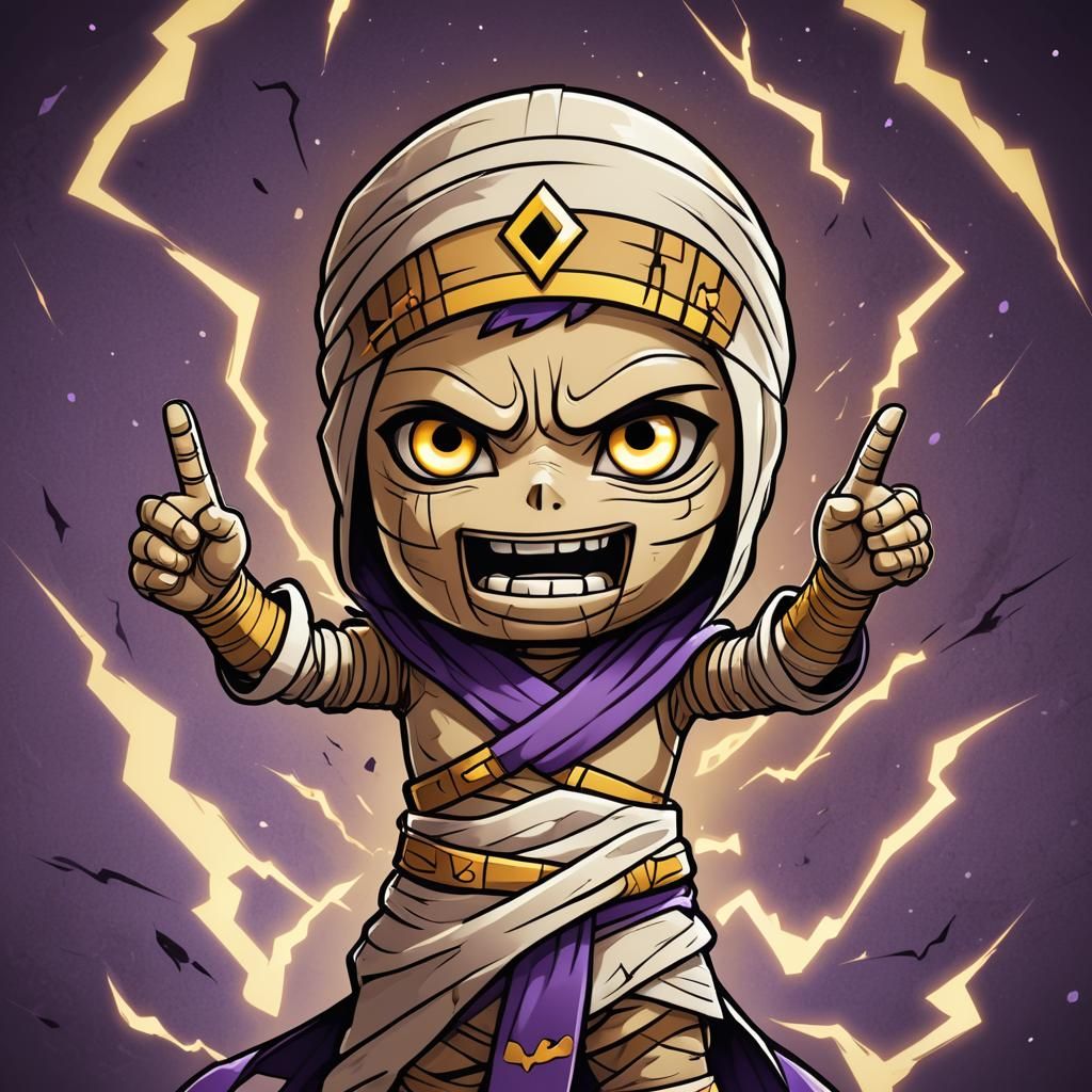 Cute Cartoon Mummy with Lightning Symbol in Chibi Style