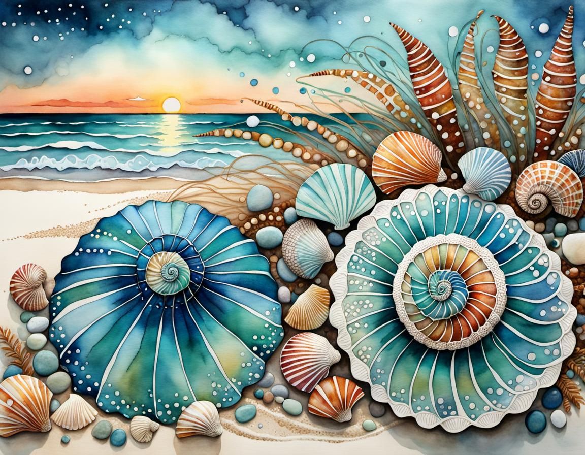 Zentangle Seashells at Dawn in Muted Colors