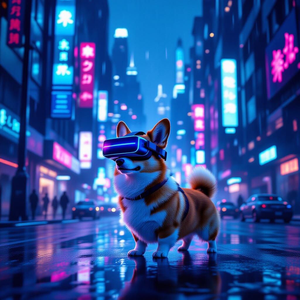 Cyberpunk Corgi in Neon Cityscape