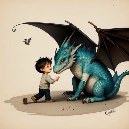 Adorable Whimsical Friendship Portrayal of Boy and Dragon