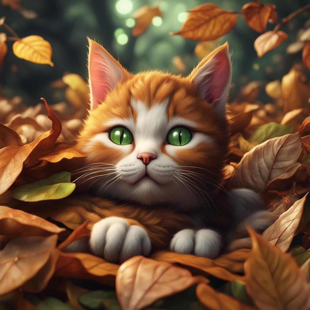 Cute Kitten Sleeping on Autumn Leaves