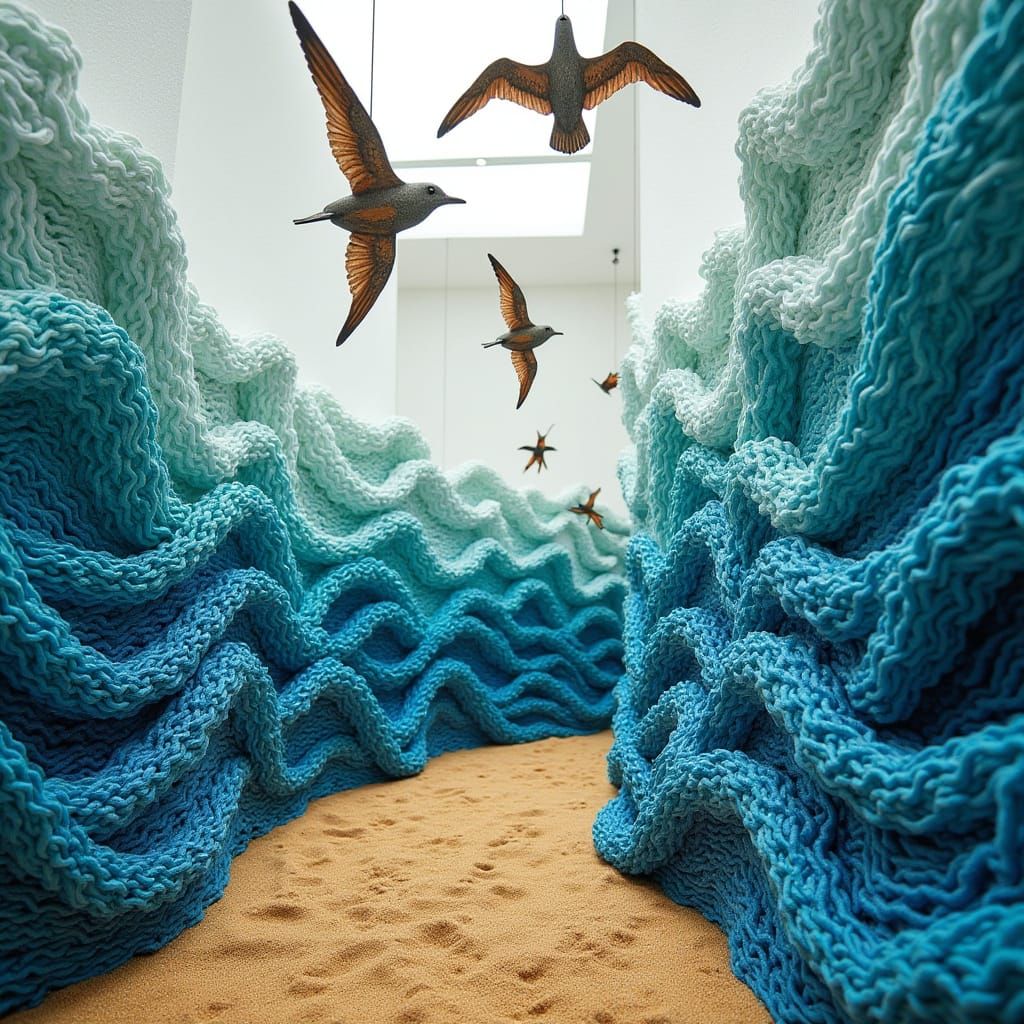 Dreamlike Ocean Waves Installation with Metallic Seagulls an...