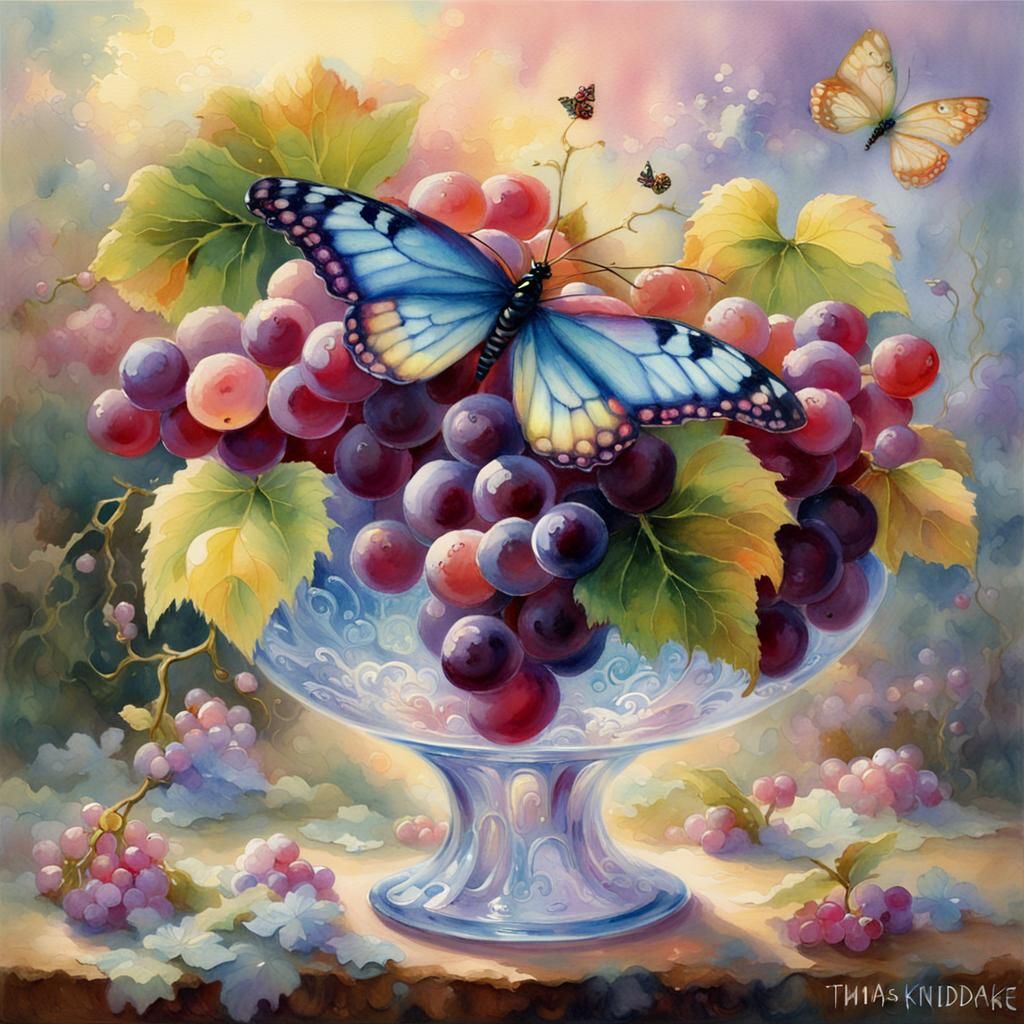 Pink Grapes in Iridescent Glass, Watercolor Art