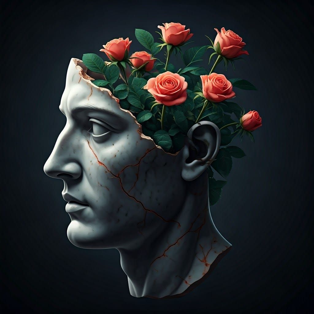 Marble Head with Rose Bush, Hyperrealistic 3D Render