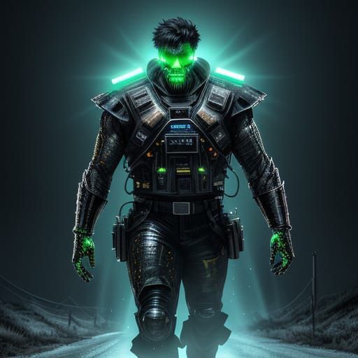 Undead Figure in Neon Vest: High-Contrast Film Noir Scene