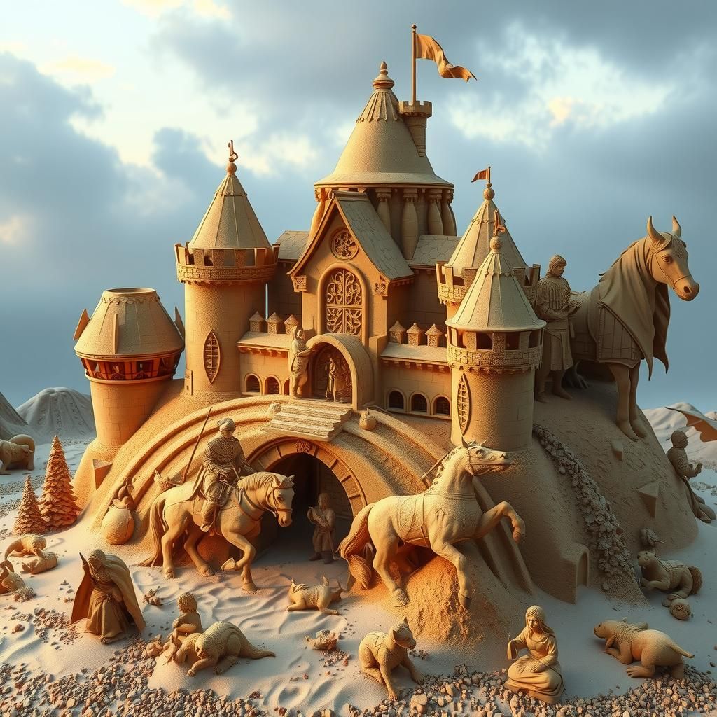 Fantasy Sandcastle with Knights and Dragon