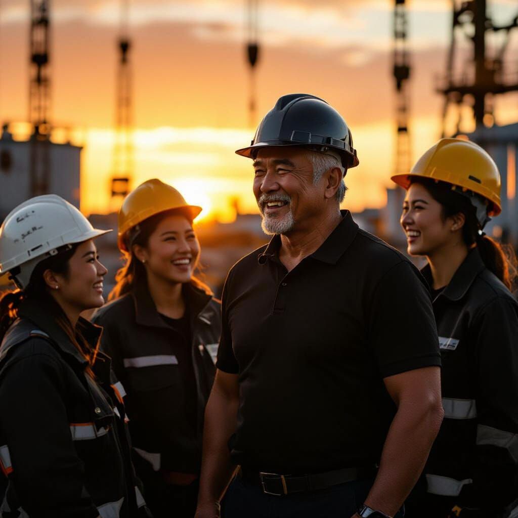 Filipino Workers Share a Laugh at Sunset