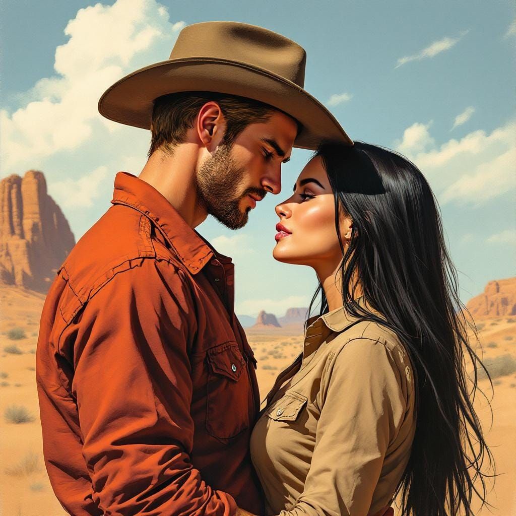 Cowboy and Woman Embrace in Desert Comic Art