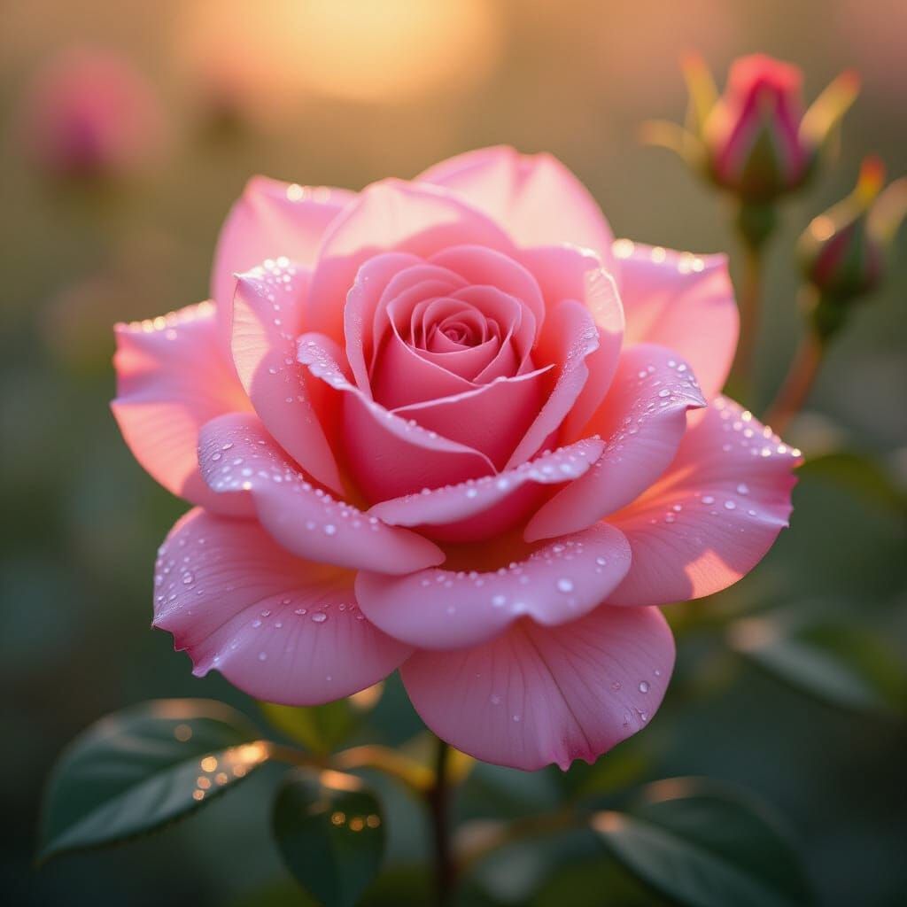 Photorealistic Pink Rose with Dew Drops in Golden Hour Light