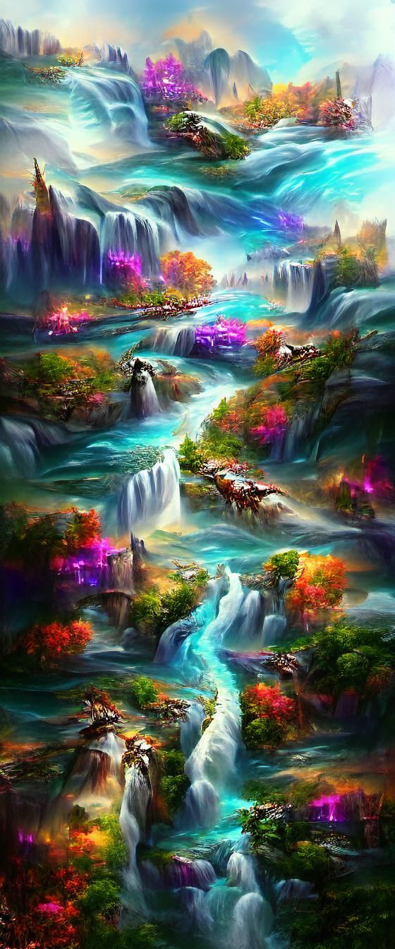 Colorful Fantasy River Landscape With Waterfall