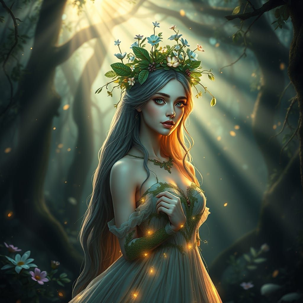 Majestic Fae Forest Queen in Enchanted Woodland