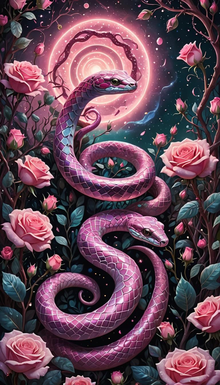 Pink Snake in Mystical Rose Garden, Cosmic Art