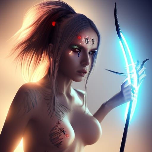 Futuristic Goddess of Light with Glowing Trident