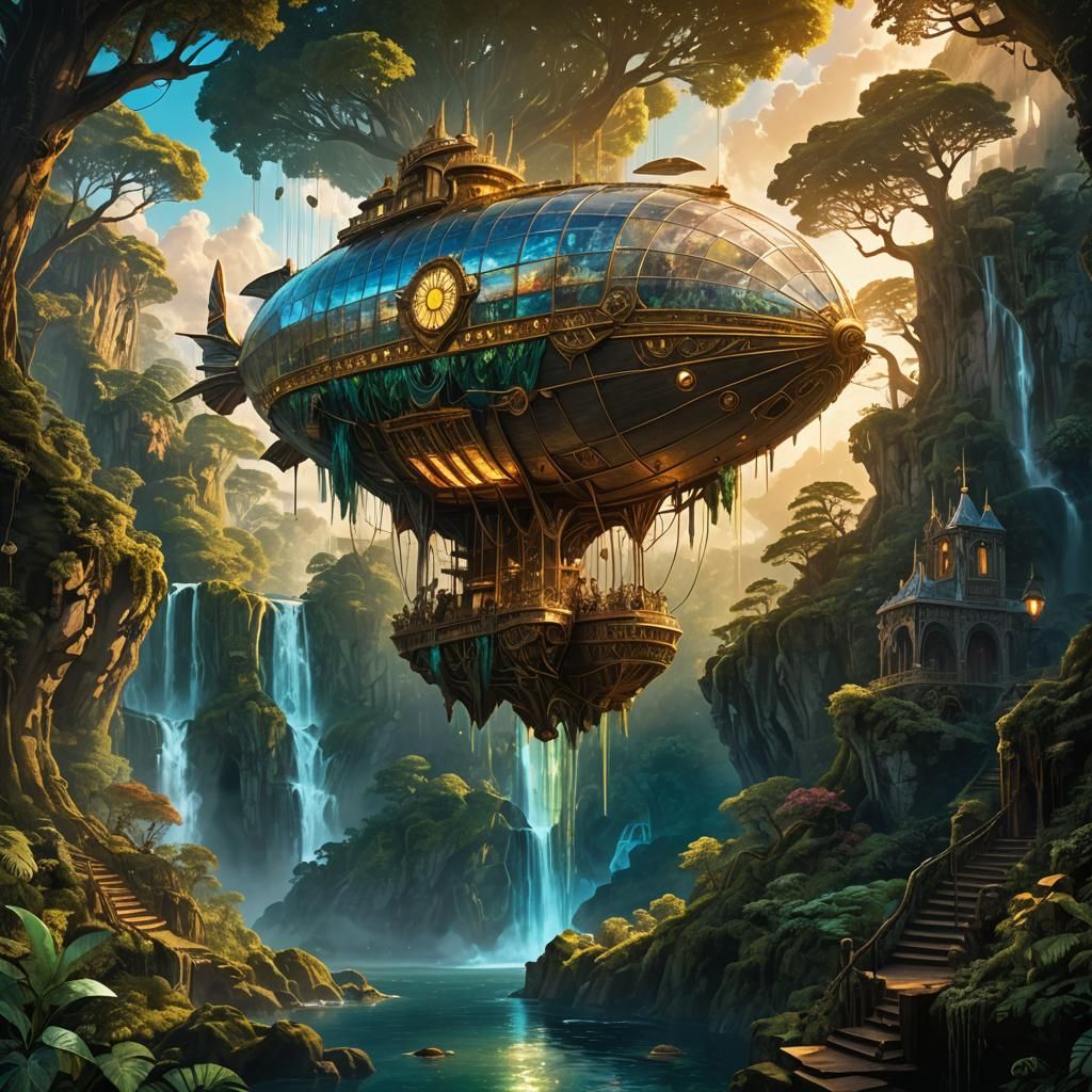 Ornate Airship over Mystical Forest: Matte Painting
