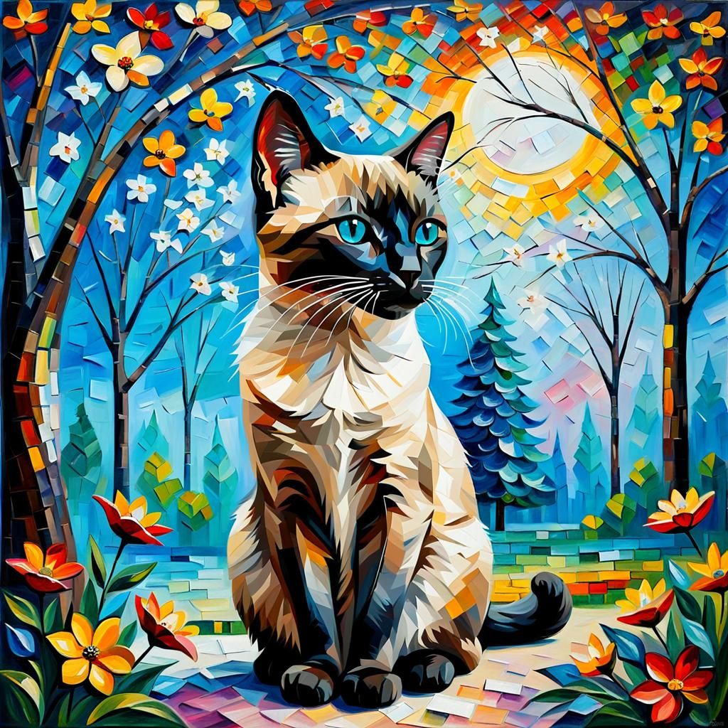 Siamese Cat in Fantasy Forest: Impasto Oil Painting