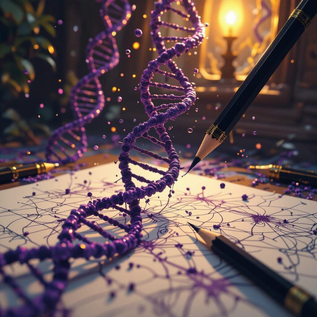 Pencil Sketches Rapidly Developing DNA Strands in Dark Fanta...