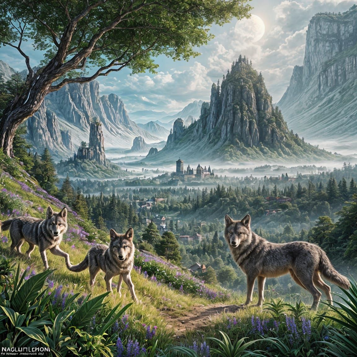 Fantasy Landscape with Wolves and Mysterious Plants in Deep...