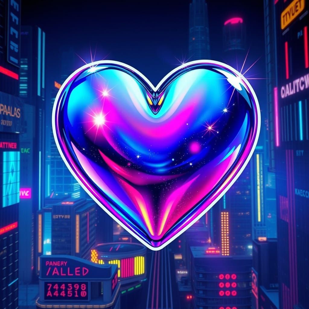 Glowing Cyberpunk Heart Sticker with Holographic Sparkles