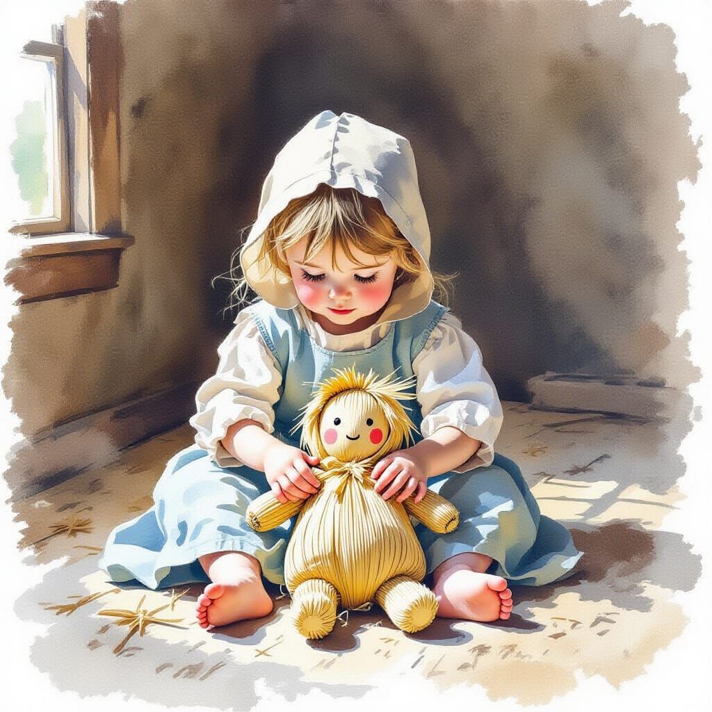 Puritan Child Plays with Corn Husk Doll in Dusty Room Waterc...