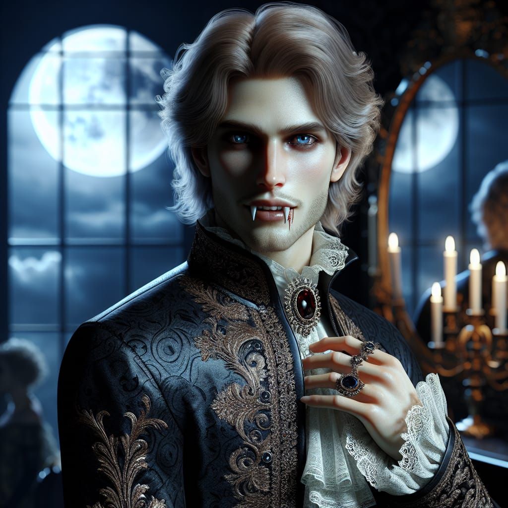 Noble Vampire in Gothic Ballroom with Royal Adornment