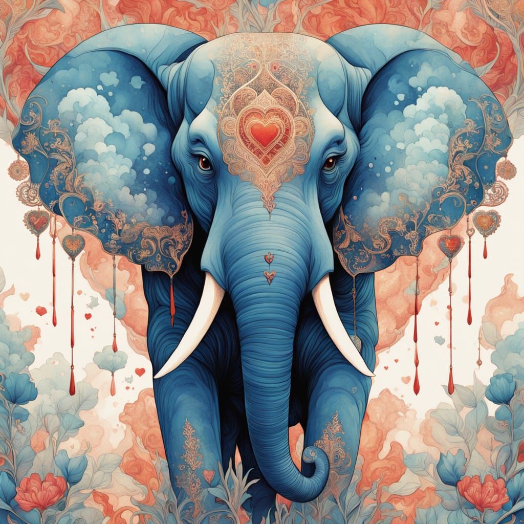 Beautiful Watercolor Elephant with Intricate Heart Details i...