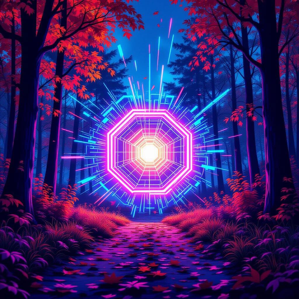 Autumn Landscape with Glowing Hexagonal Portal
