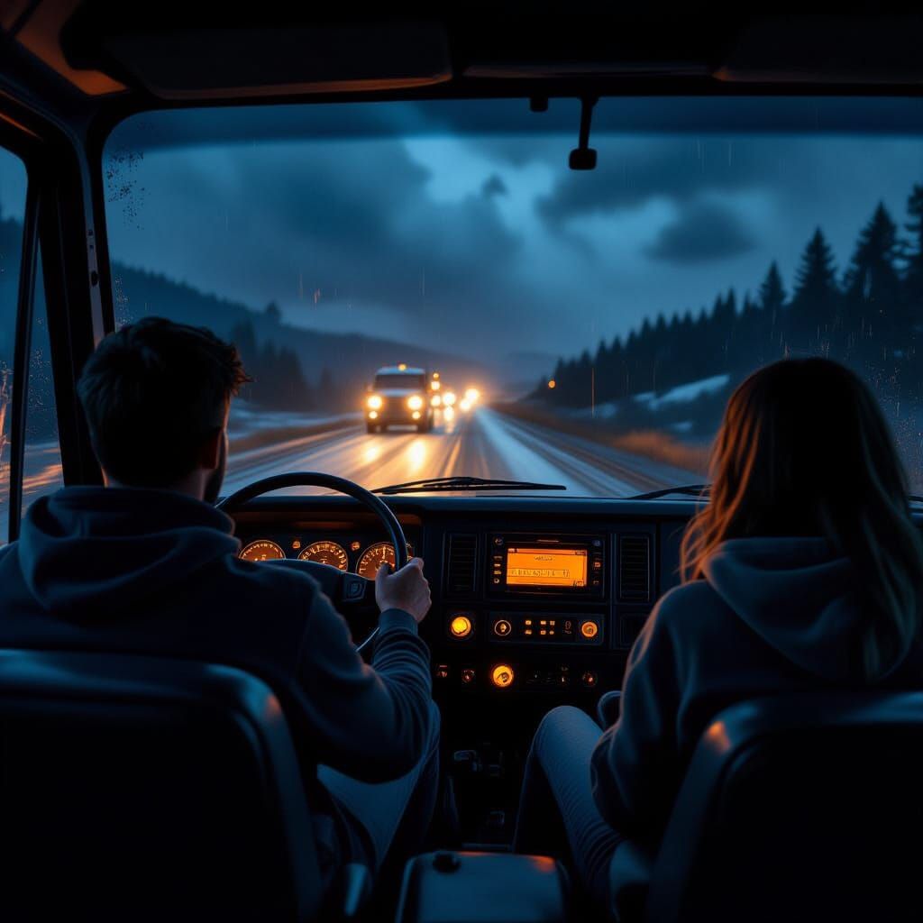 Truck Driving on Stormy Road at Night: Cinematic Style