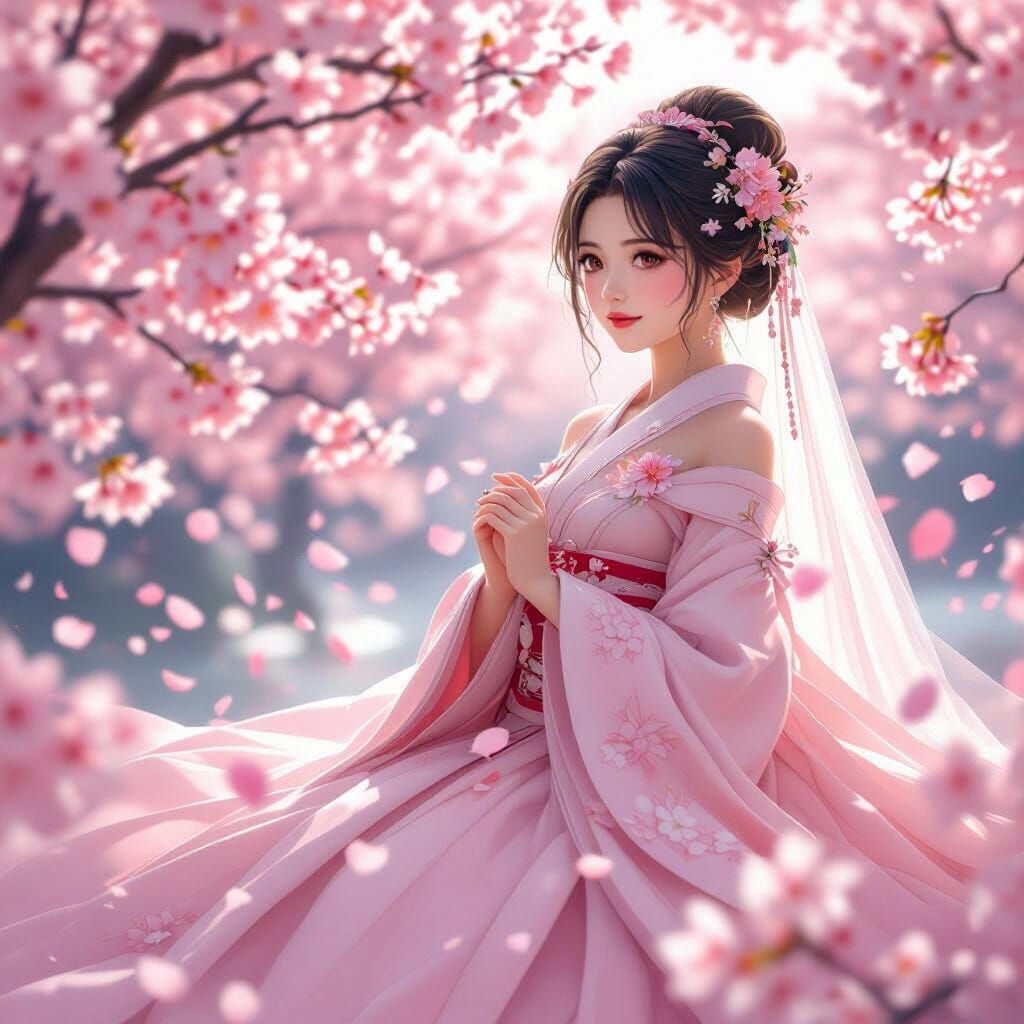 Anime Bride Surrounded by Cherry Blossoms in 8K