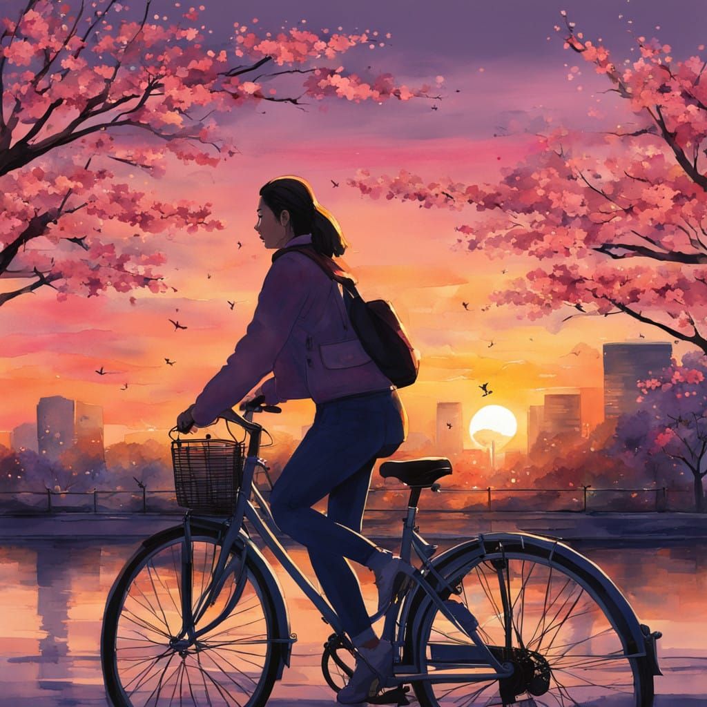 Woman Cycling Under Cherry Blossom Twilight in Tokyo