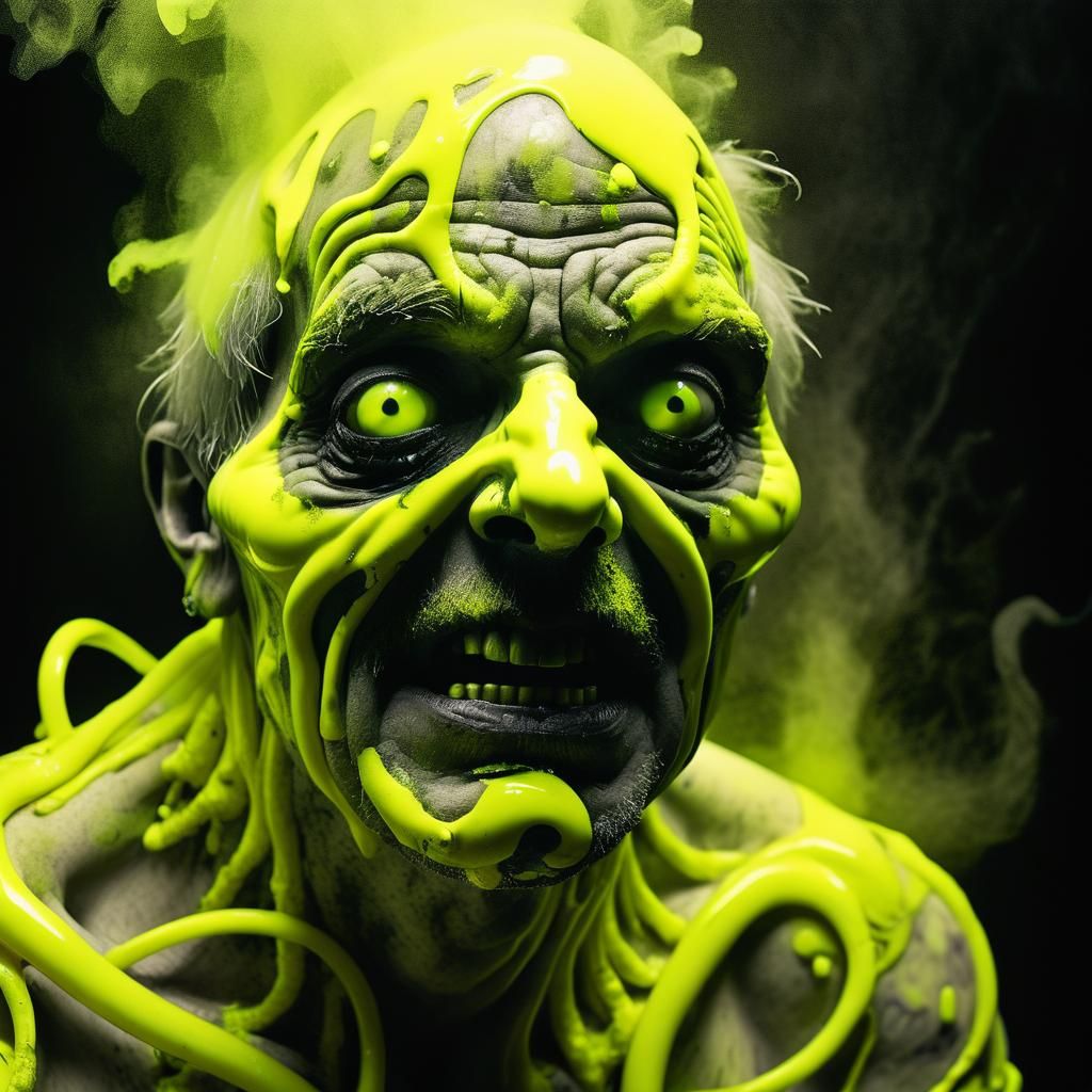 "From toxic waste, a man, a ghastly sight; Behemoth deformity, neon yellow skin...