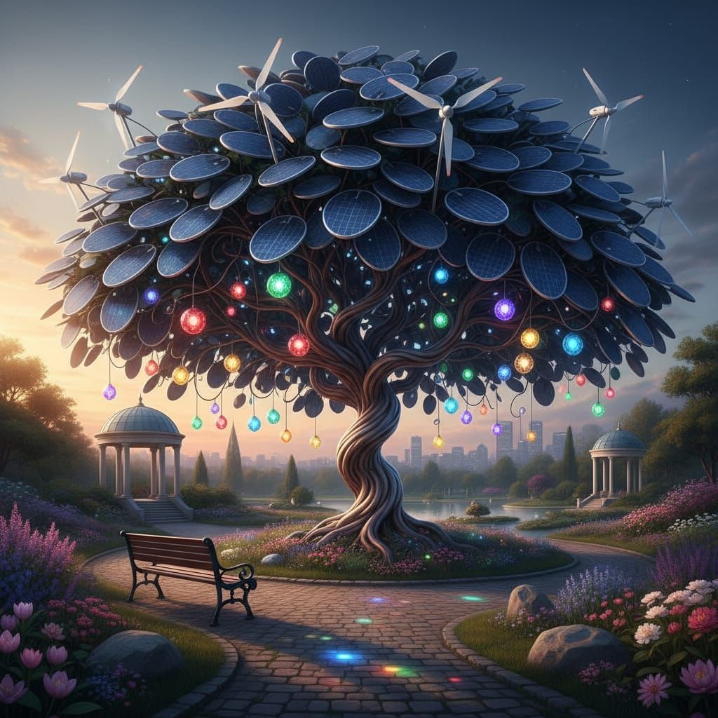 Electric Tree with Solar Leaves and LED Fruit