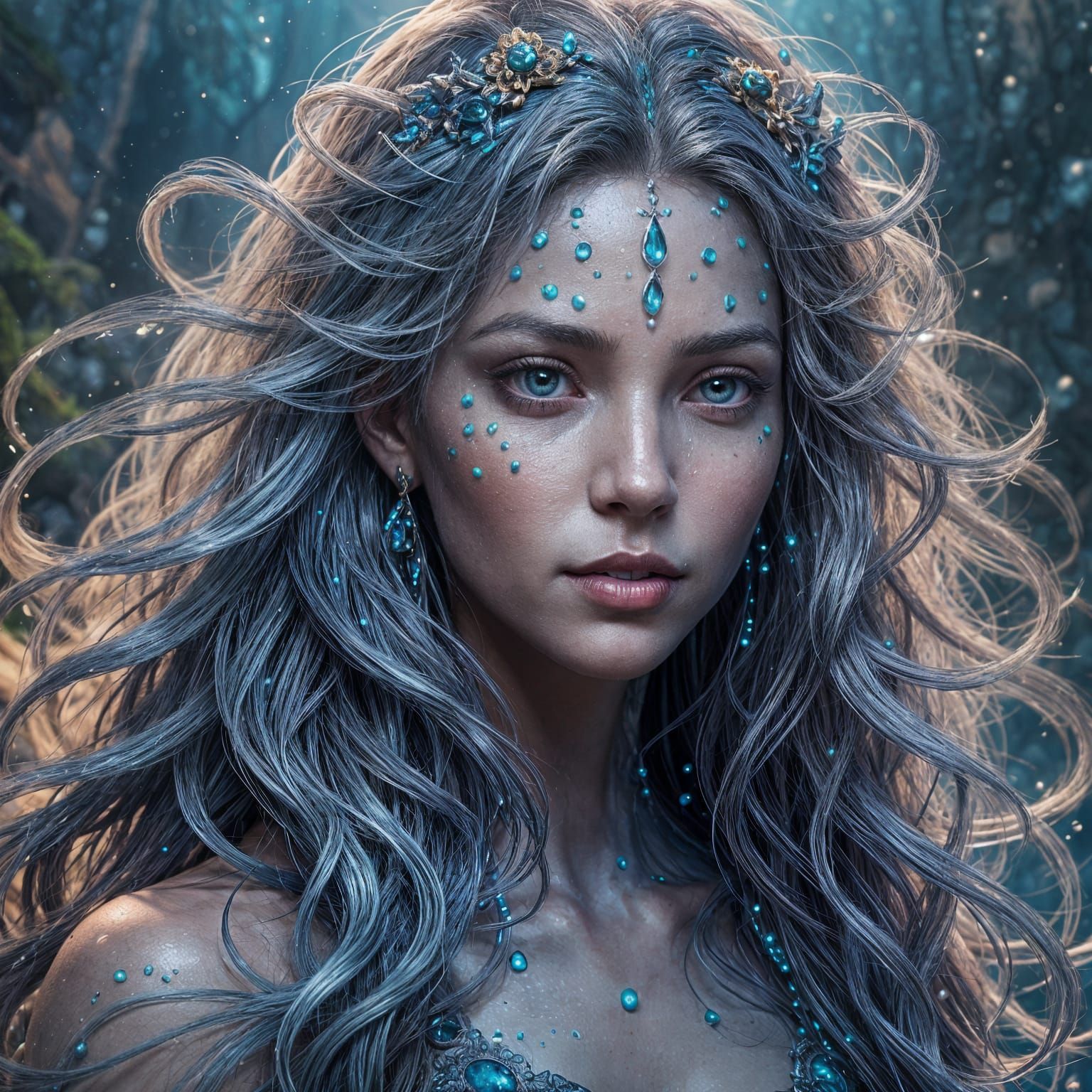 Water Genasi with Flowing Hair in Fantasy Art